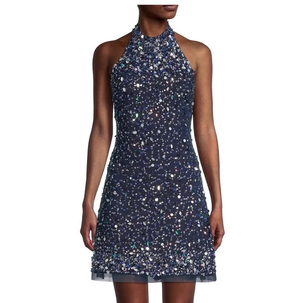 Aidan Mattox NWT Navy Beaded Halter Cocktail Dress Size 12 Formal Party